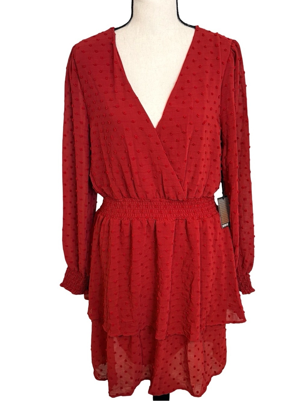 Devoted Red Swiss Dot V Neck Mini Dress BNWT Size L